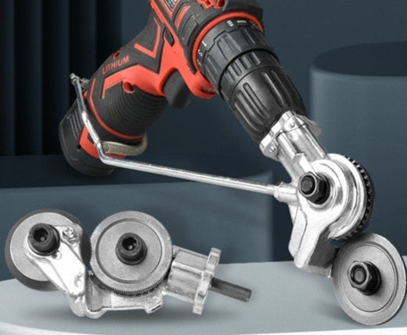 Electric drill adapter with shears for professional metal cutting on a dark background