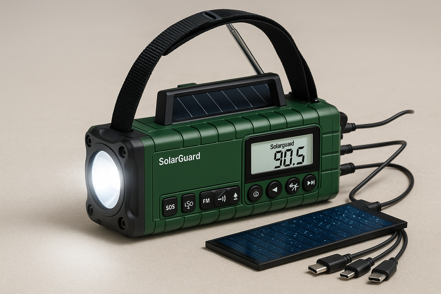 SolarGuard™ – תחנת חירום סולארית עם טעינה, פנס ו-SOS