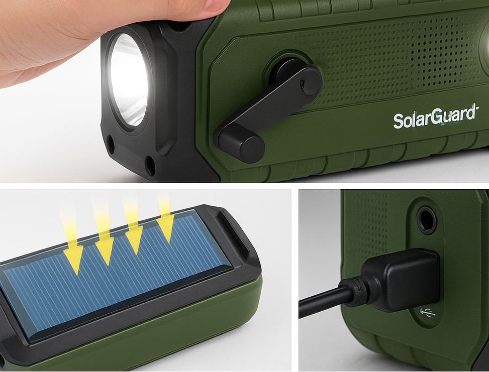 SolarGuard™ – תחנת חירום סולארית עם טעינה, פנס ו-SOS